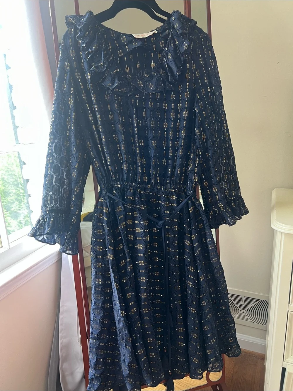 Tory Burch Navy Metallic Clip Dot Ruffle Midi Dress Size 6